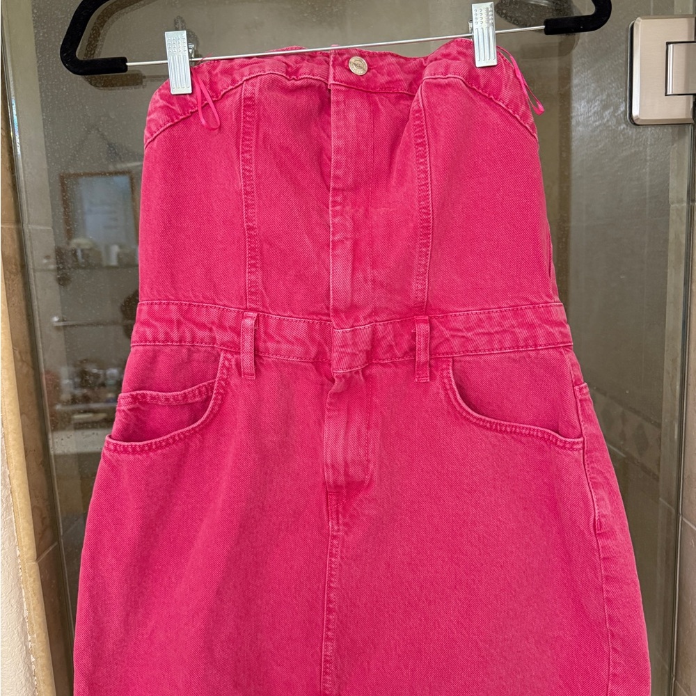 Zara Pink Denim Strapless Mini Dress